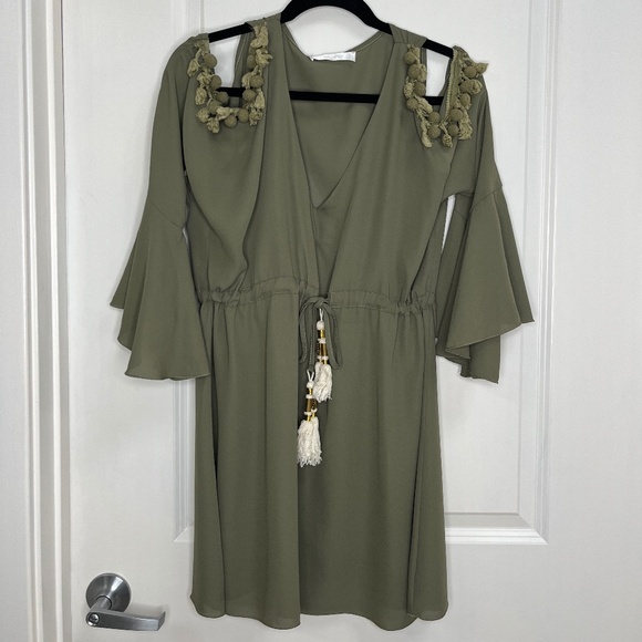 Boho Olive Green Pom-Pom Cold Shoulder Tassel Dress - Picture 1 of 11